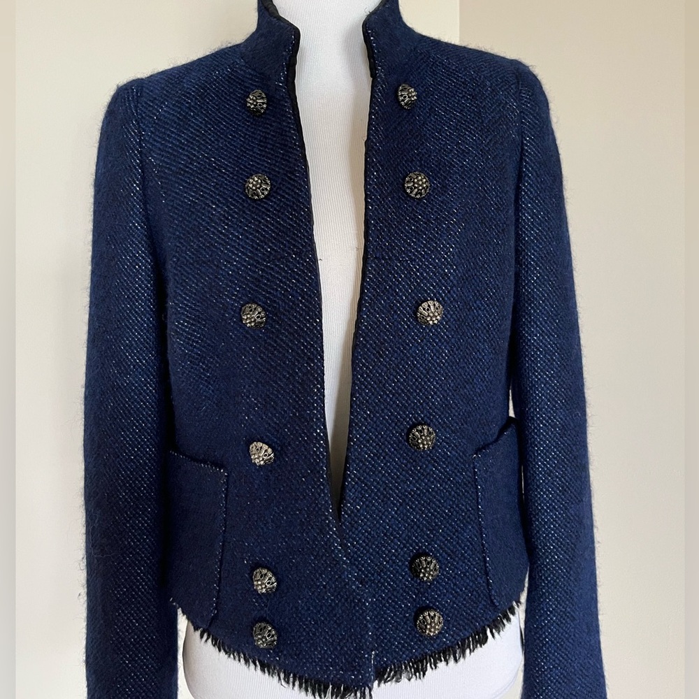 Zara Woman Navy Blue Tweed Military Style Jacket Size Medium